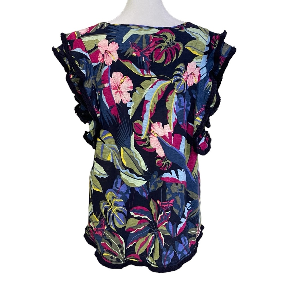 Chico's Tropical Floral Navy Pink Green V-Neck Ruffle Sleeve Blouse - Picture 9 of 15